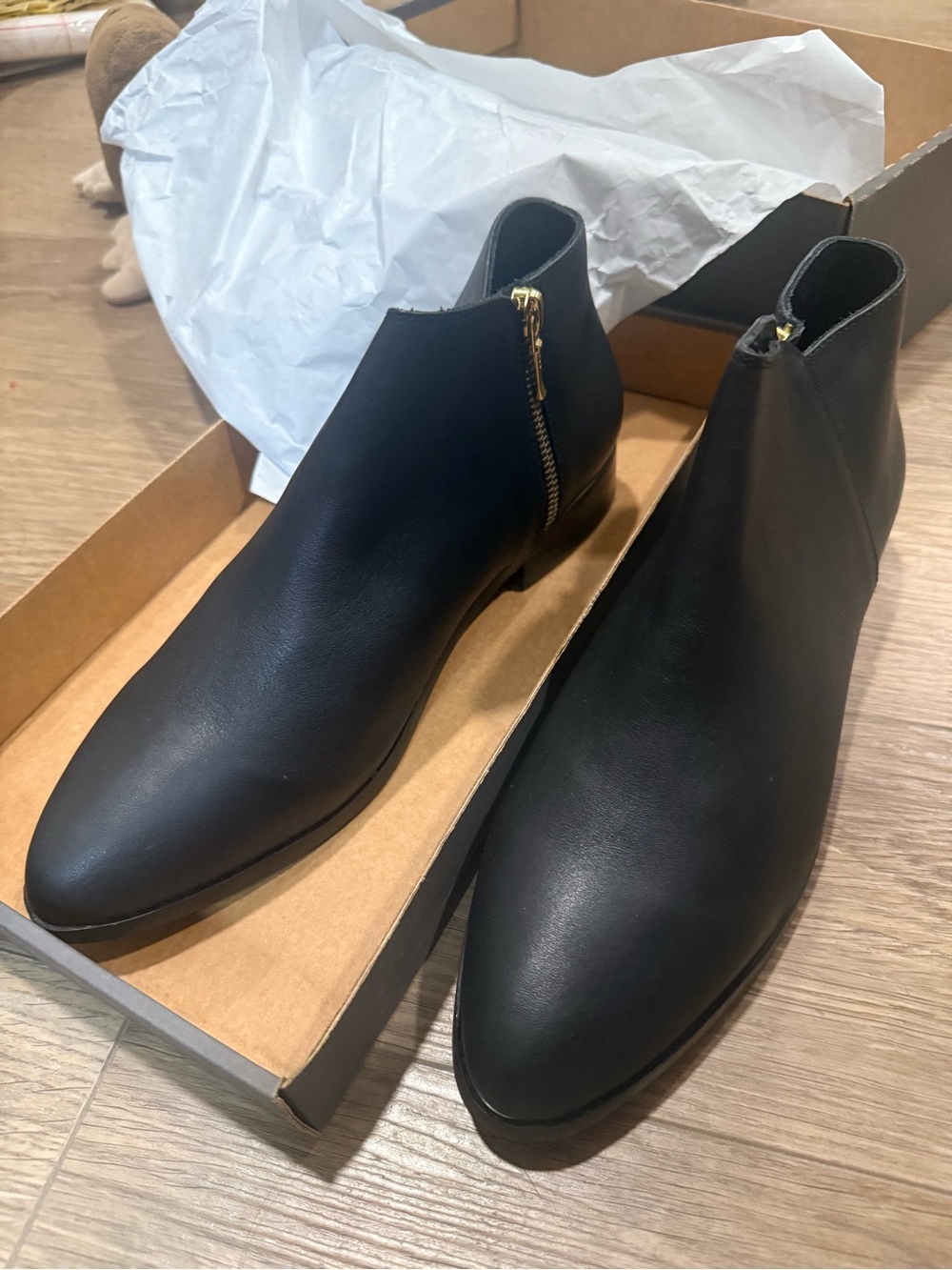 Nisolo Lana Black Leather Ankle Boots with Gold Side Zip